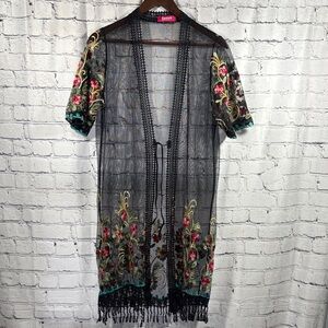Embroidered Black Sheer Kimono Jacket